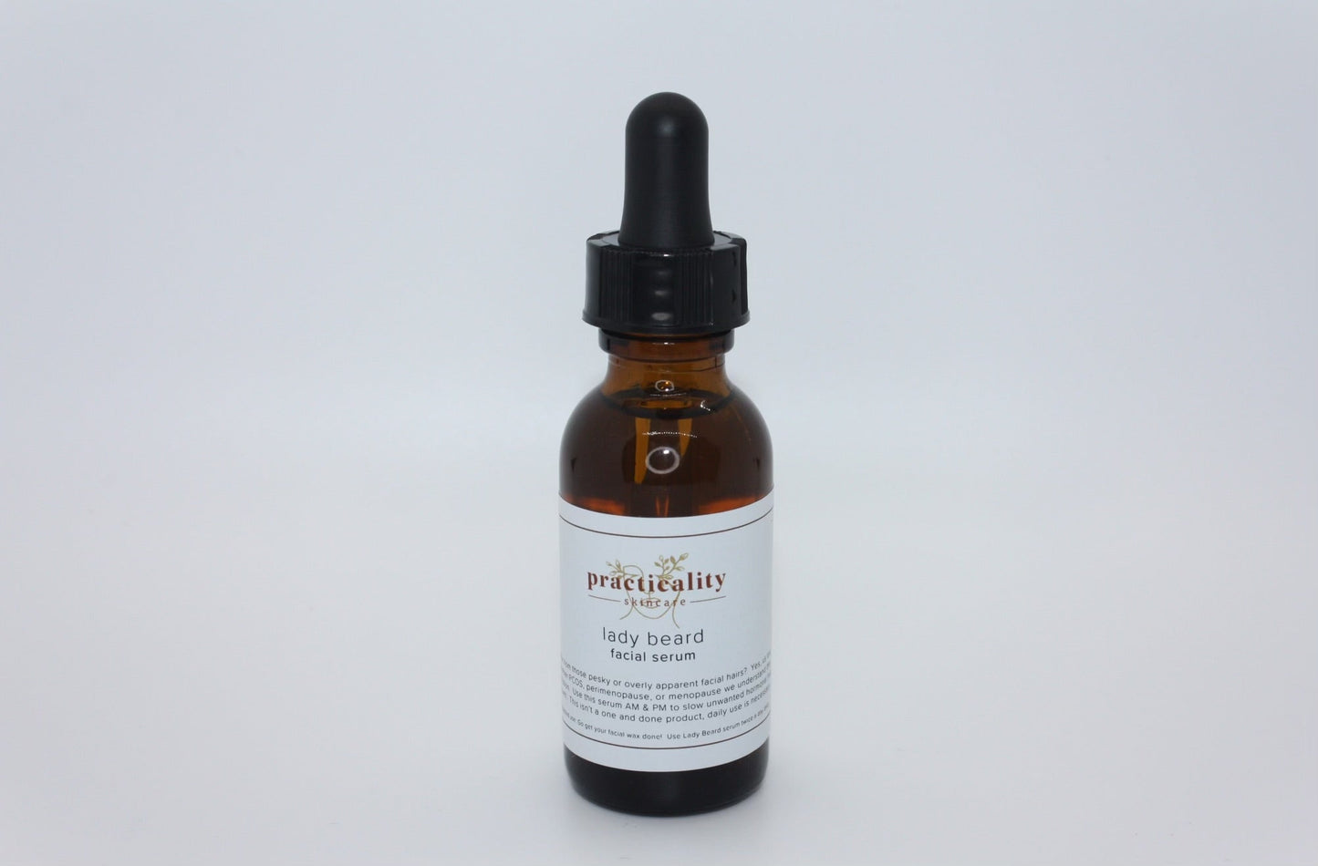 Lady Beard facial serum in amber glass dropper bottle with Practicality Skincare label
