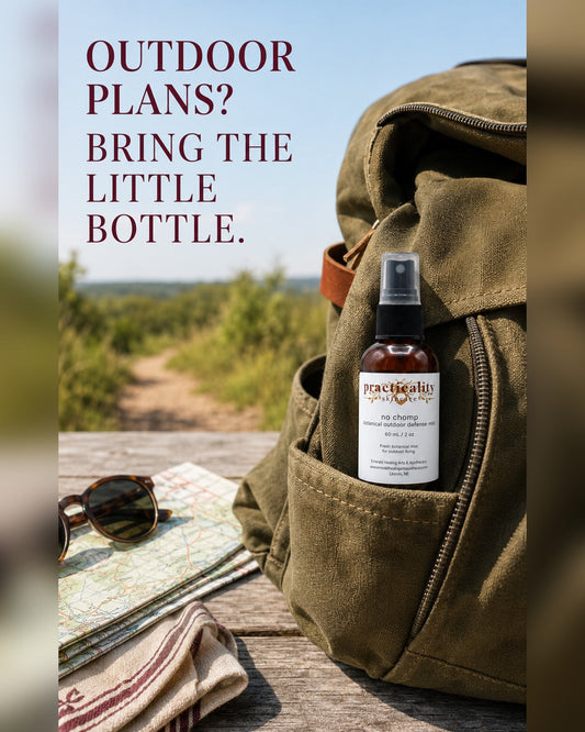 No Chomp botanical outdoor body mist in a travel-size bottle near a hiking backpack