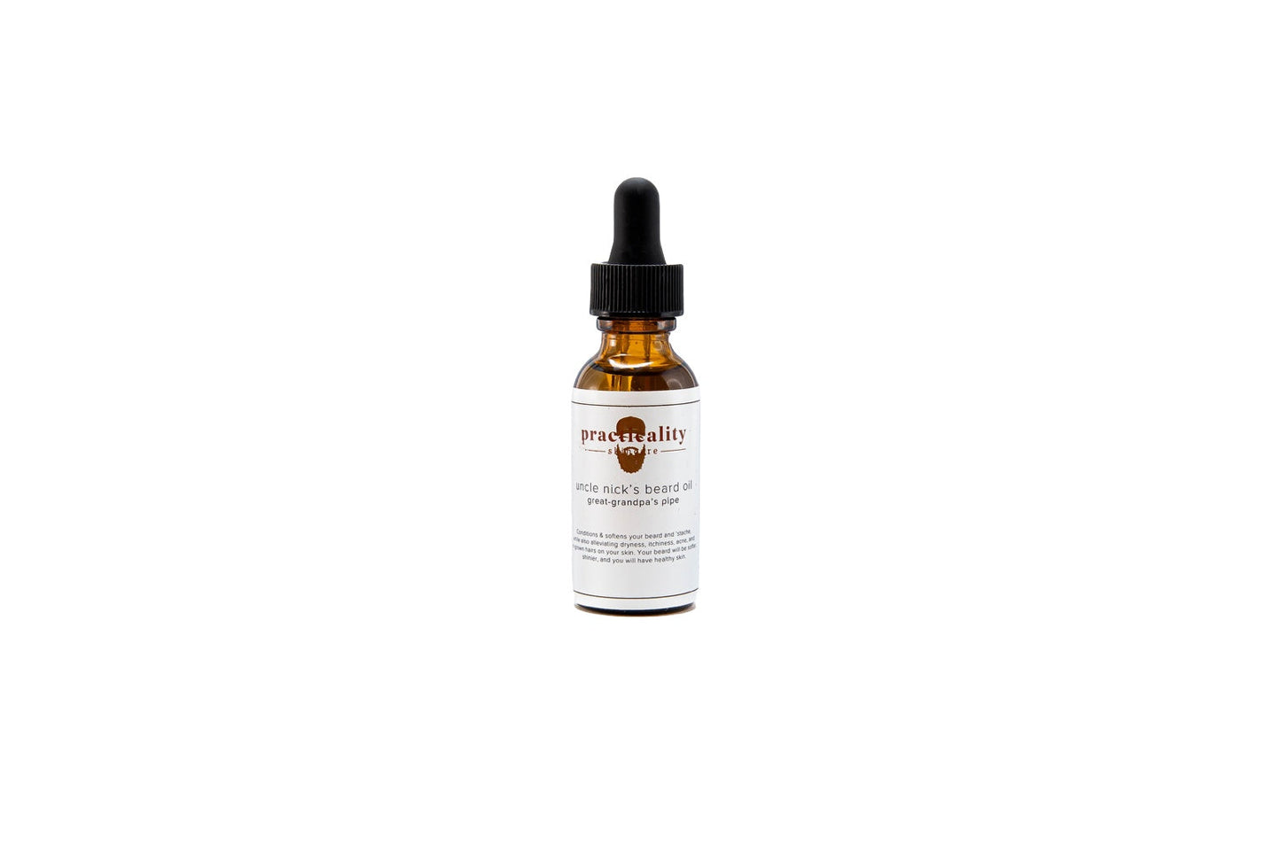 Uncle Nick's Great-Grandpa's Pipe beard oil in amber glass dropper bottle