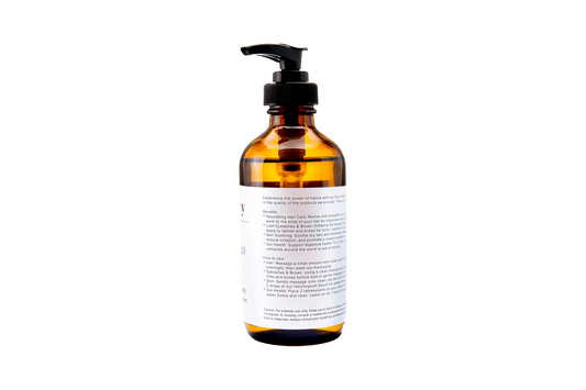 Back label of the organic cold-pressed hexane-free castor oil bottle