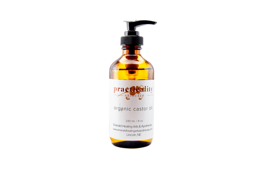 Organic cold-pressed hexane-free castor oil in an eight-ounce bottle