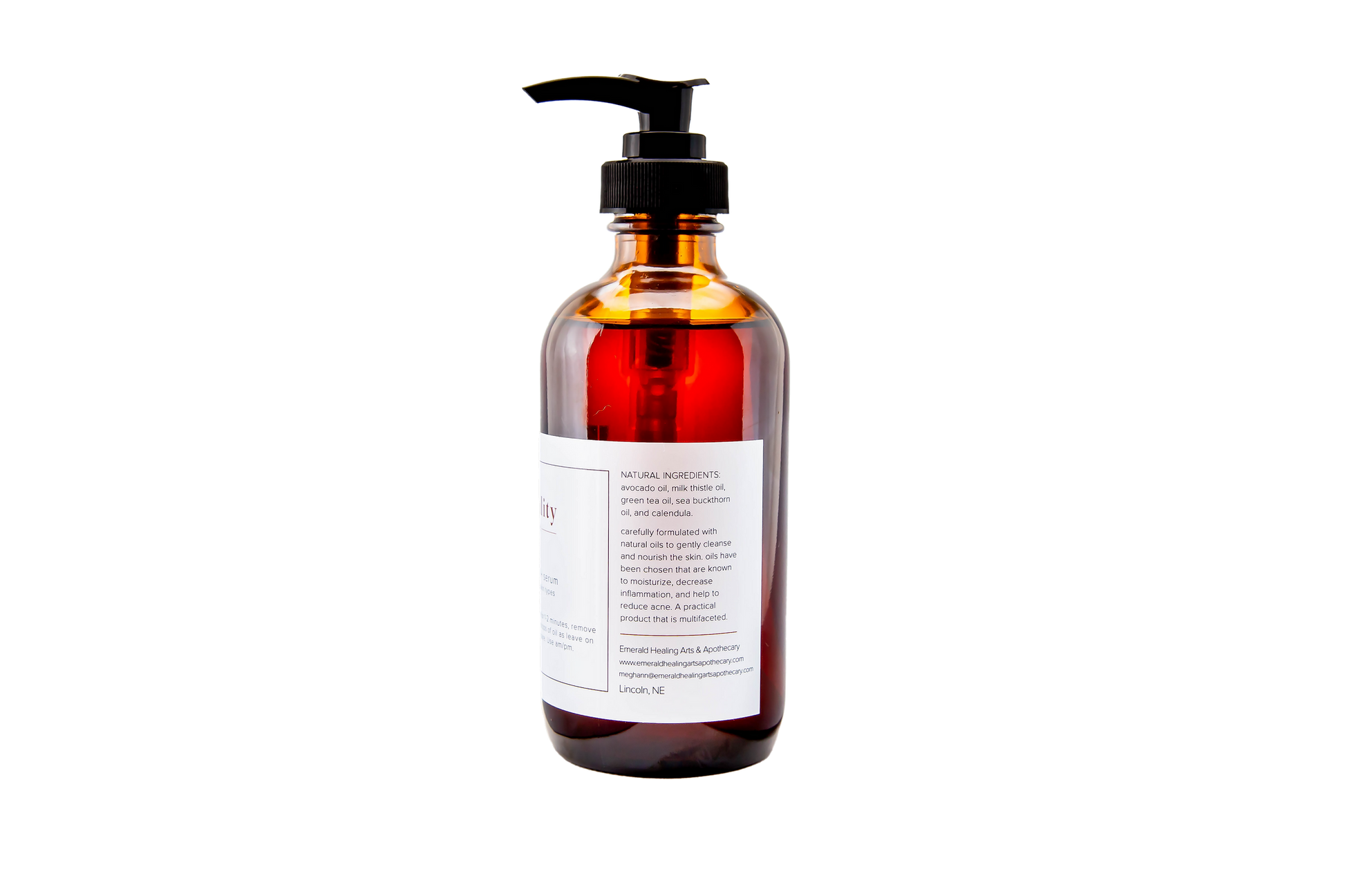 Eight ounce Facial Cleansing Oil and Serum bottle with label visible