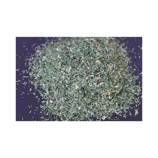 Organic alfalfa leaf, Medicago sativa, packaged in a one-ounce pouch