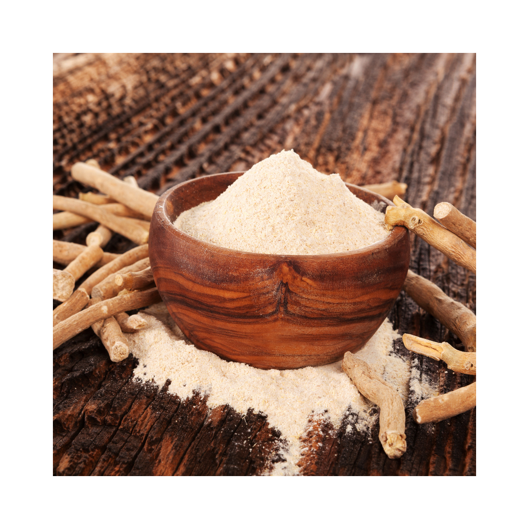 Dried ashwagandha root, Withania somnifera, packaged as a bulk botanical ingredient