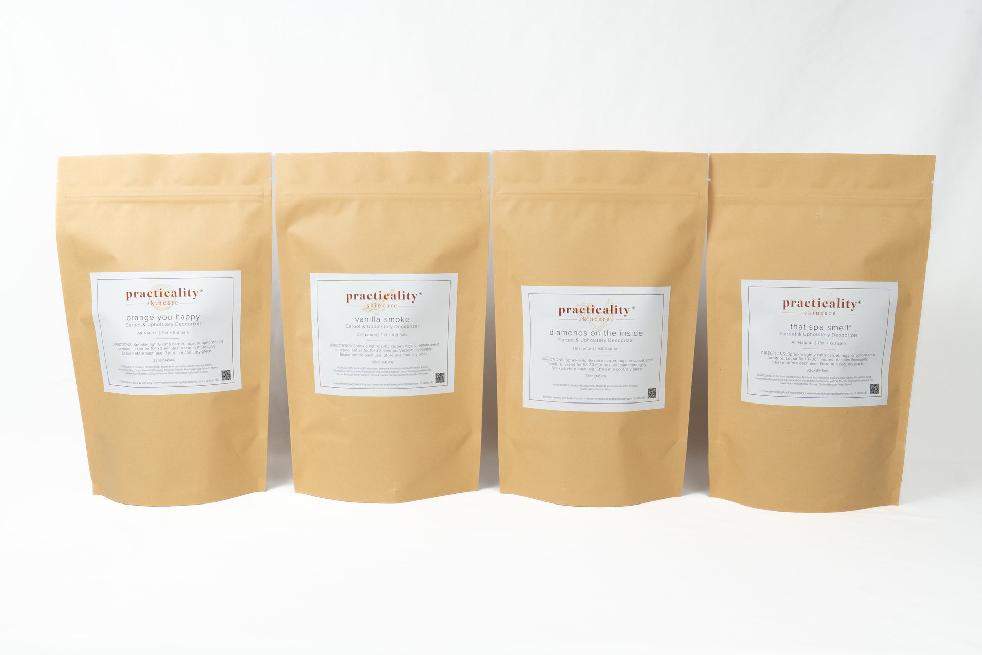 Practicality carpet and upholstery deodorizer pouches displayed together