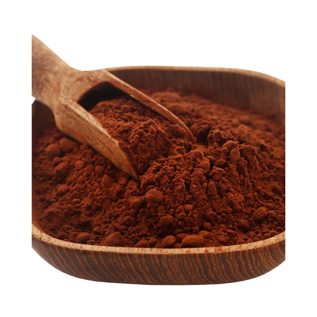 Organic cacao powder, Theobroma cacao, packaged in a one-ounce pouch