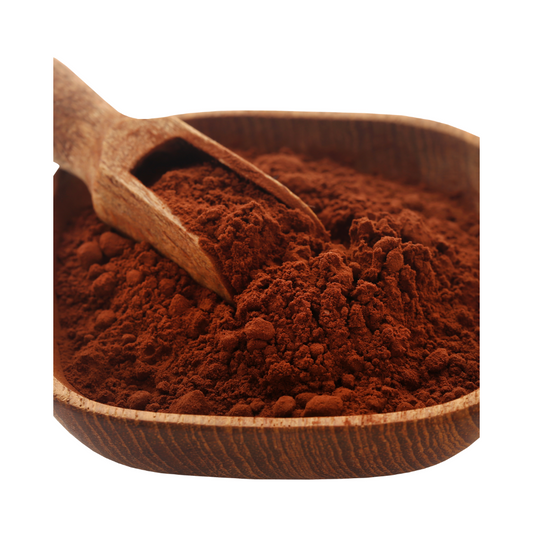 Organic cacao powder, Theobroma cacao, packaged in a one-ounce pouch