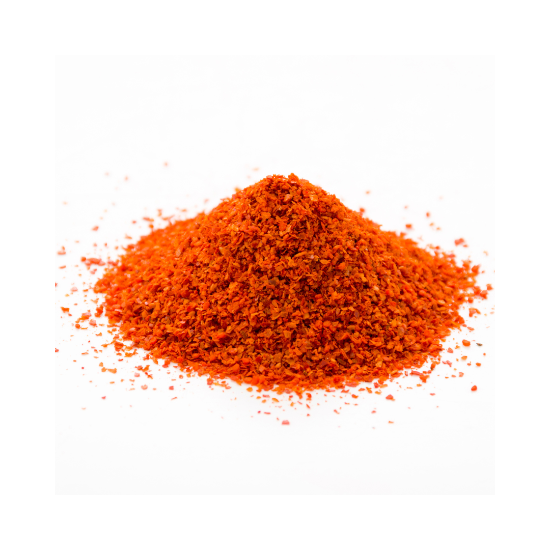Organic cayenne powder, Capsicum annuum, packaged in a one-ounce pouch