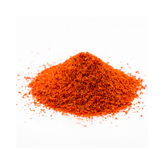 Organic cayenne powder, Capsicum annuum, packaged in a one-ounce pouch