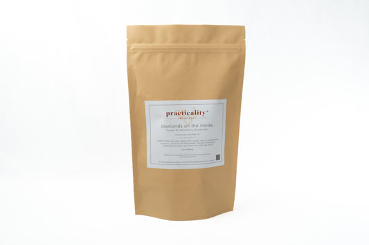 Diamonds on the Inside no added fragrance carpet and upholstery deodorizer by Practicality in kraft pouch packaging.