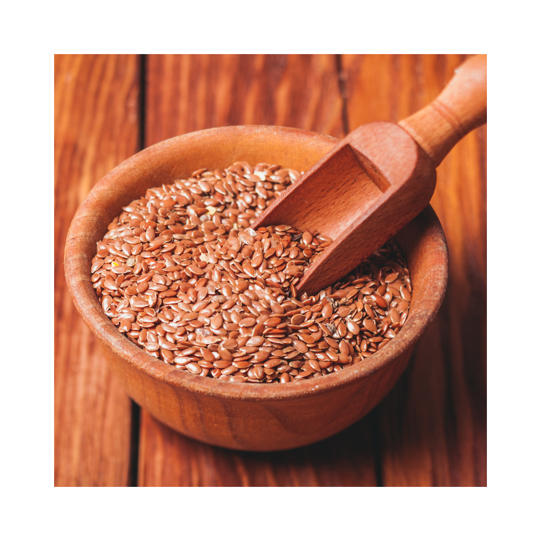 Organic whole flaxseed, Linum usitatissimum, packaged in a one-ounce pouch