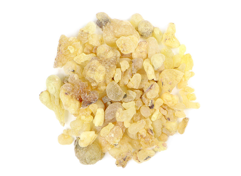 Whole organic frankincense resin pearls in a one-ounce botanical product package