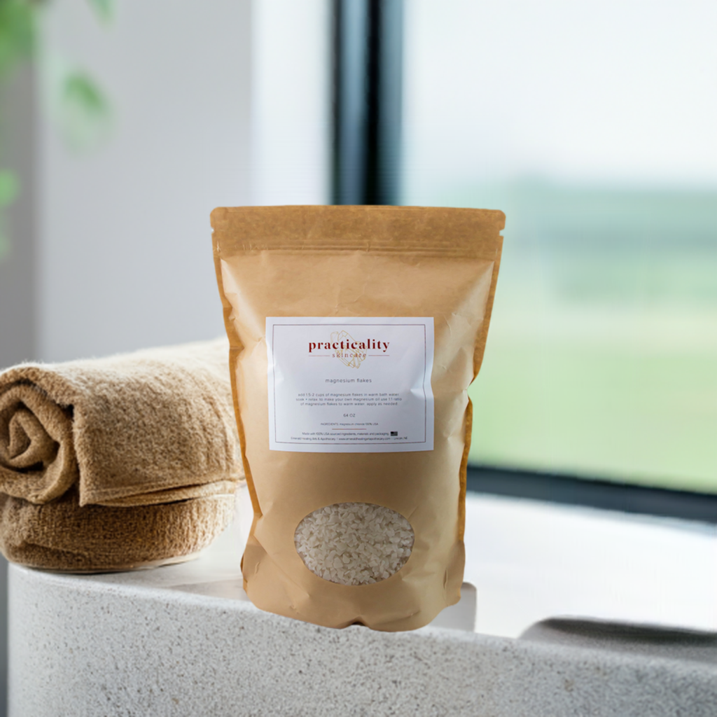 Magnesium chloride bath flakes shown in a large 64 ounce package