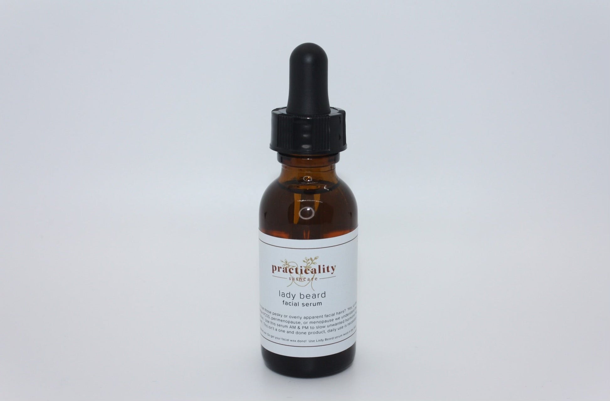 Lady Beard facial serum in amber glass dropper bottle with Practicality Skincare label