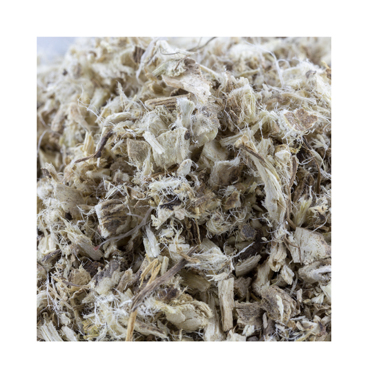 Dried marshmallow root, Althaea officinalis, packaged as a bulk botanical ingredient