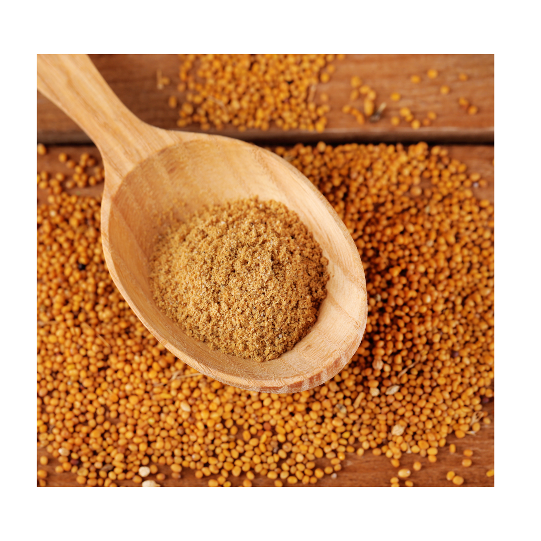 Organic mustard seed powder, Brassica juncea, in a one-ounce product package