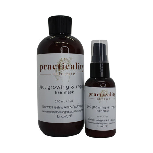 Practicality Get Growing + Repair Scalp & Hair Mask in 8 oz and 2 oz amber bottles on a clean white background