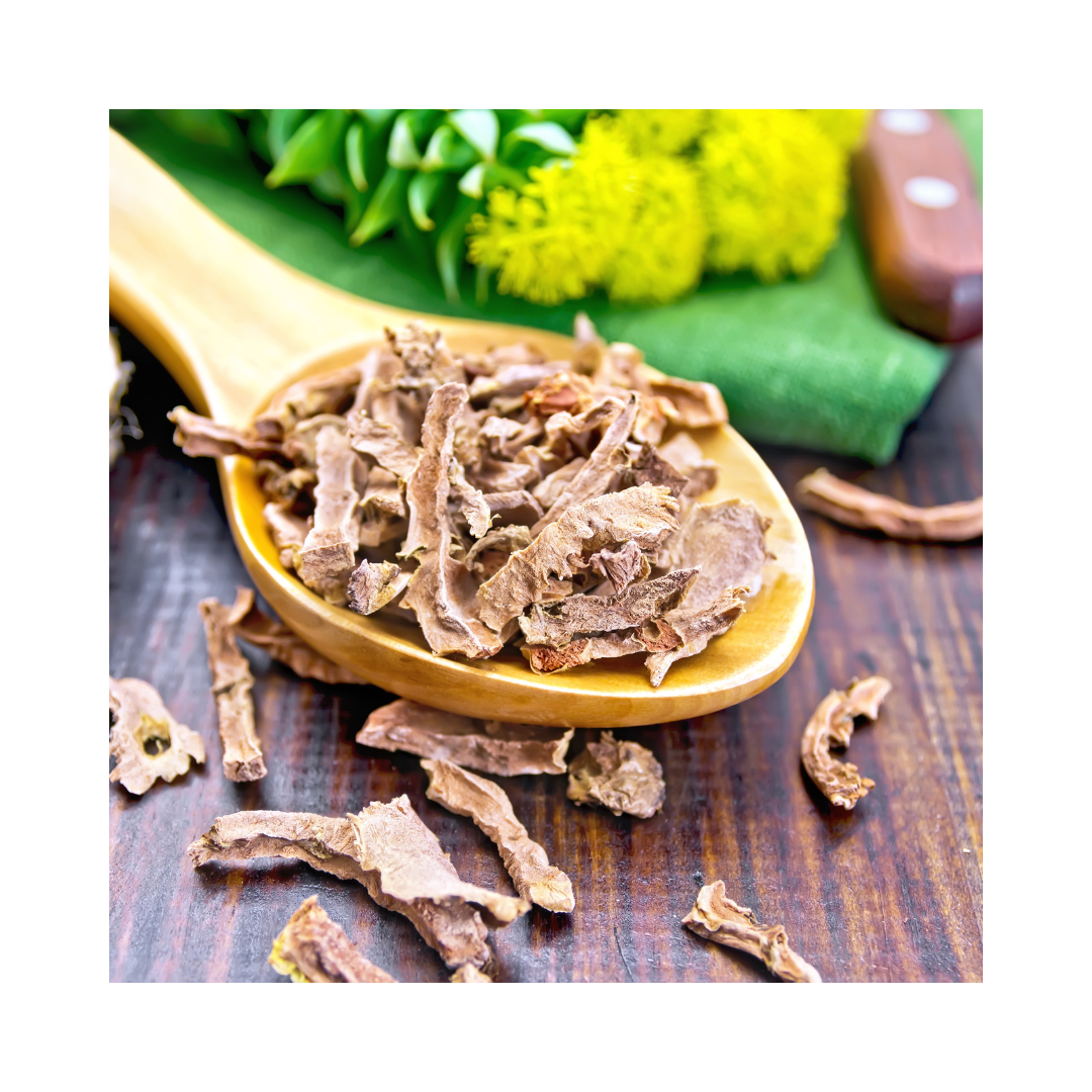 Dried rhodiola root, Rhodiola rosea, packaged as a bulk botanical ingredient