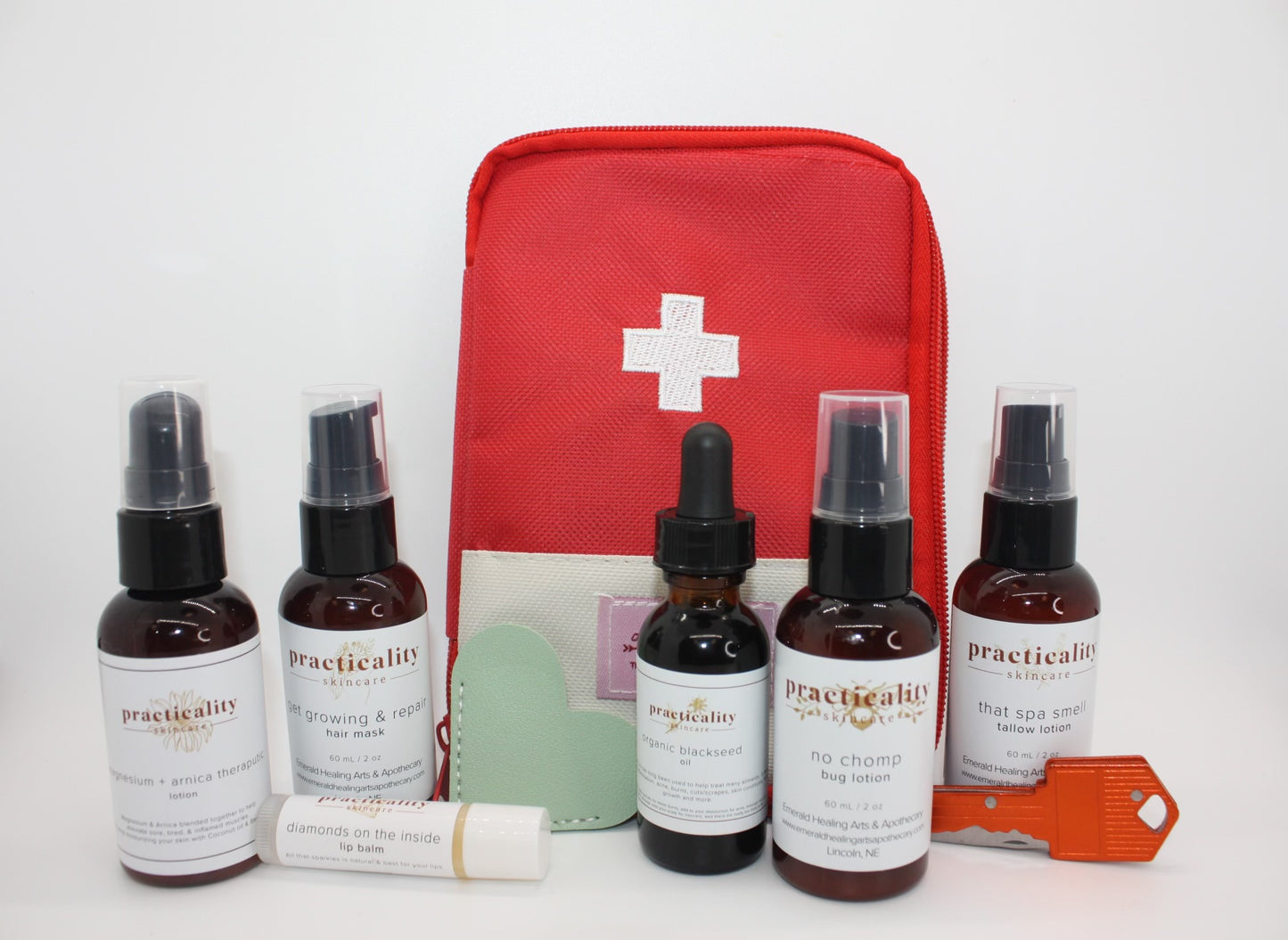 Practicality travel body-care kit with authentic labeled mini products
