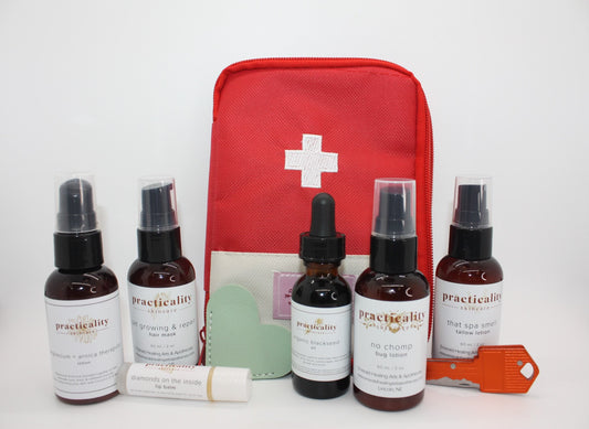 Practicality travel body-care kit with authentic labeled mini products
