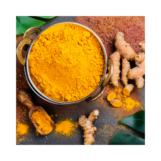 Organic turmeric powder, Curcuma longa, packaged in a one-ounce pouch