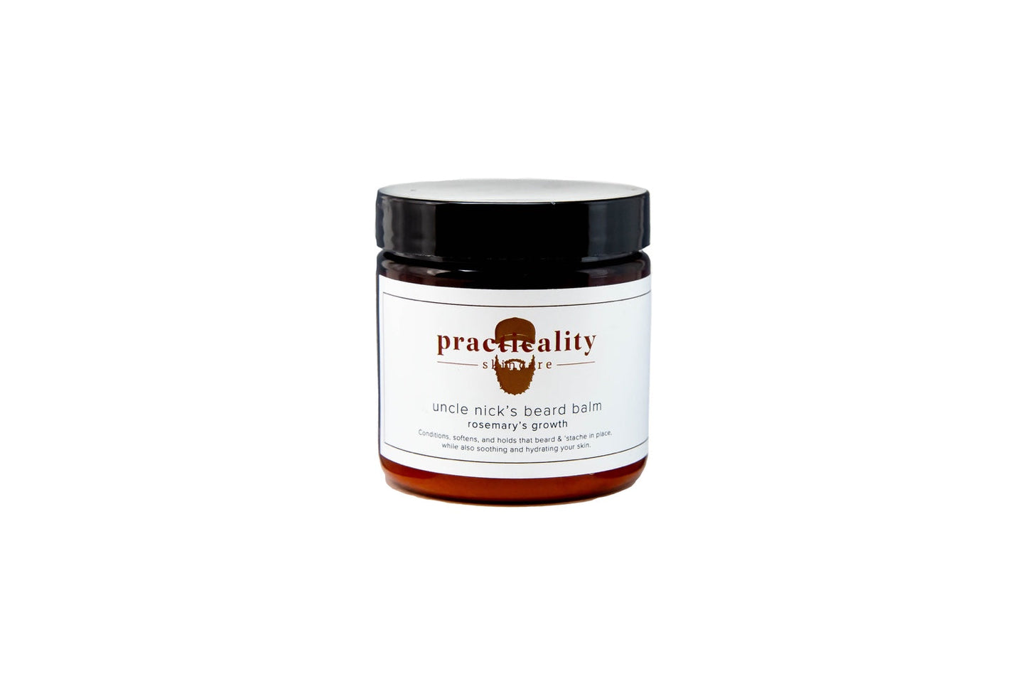 Uncle Nick's Rosemary's Growth beard balm in amber jar with black lid