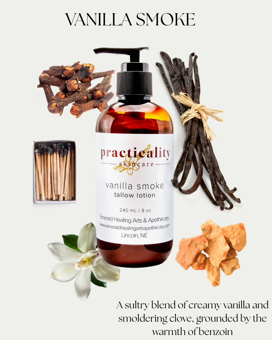 Vanilla Smoke scent story with Practicality tallow lotion, vanilla beans, clove and benzoin