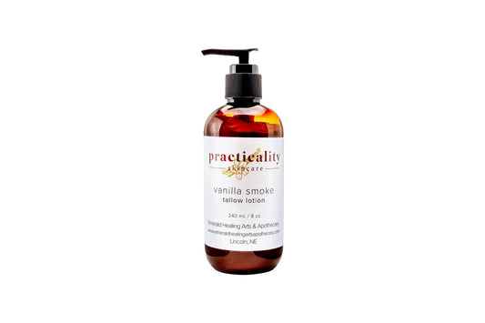 Practicality Vanilla Smoke Tallow Lotion 8 oz amber pump bottle on a clean white background